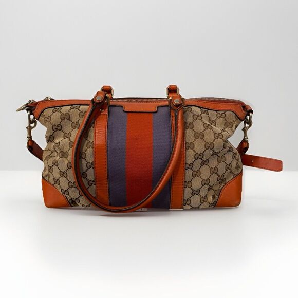 Gucci Handbags - GUCCI Purse Monogram Vintage Web Small Boston Orange Blue Shoulder Bag Rare